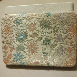 Vintage Floral Embroidered Jewelry Box Gold With Pastel Flowers Antique Trinket